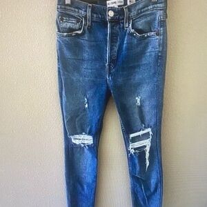 Re/Done High Rise Ankle Crop Stretch Distressed Jeans In Mid 90s 25